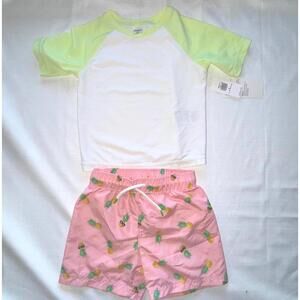NWT BoysSwim Trunk Rash Guard Set Old Navy Pink Pineapple Neon Vacation Swimsuit